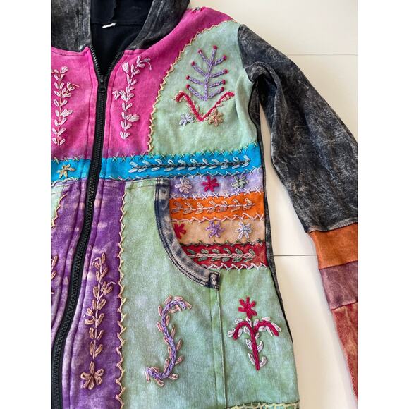 Boho Embroidered Patchwork Hooded Zip Jacket Sz M Festival Hippie - Picture 5 of 14